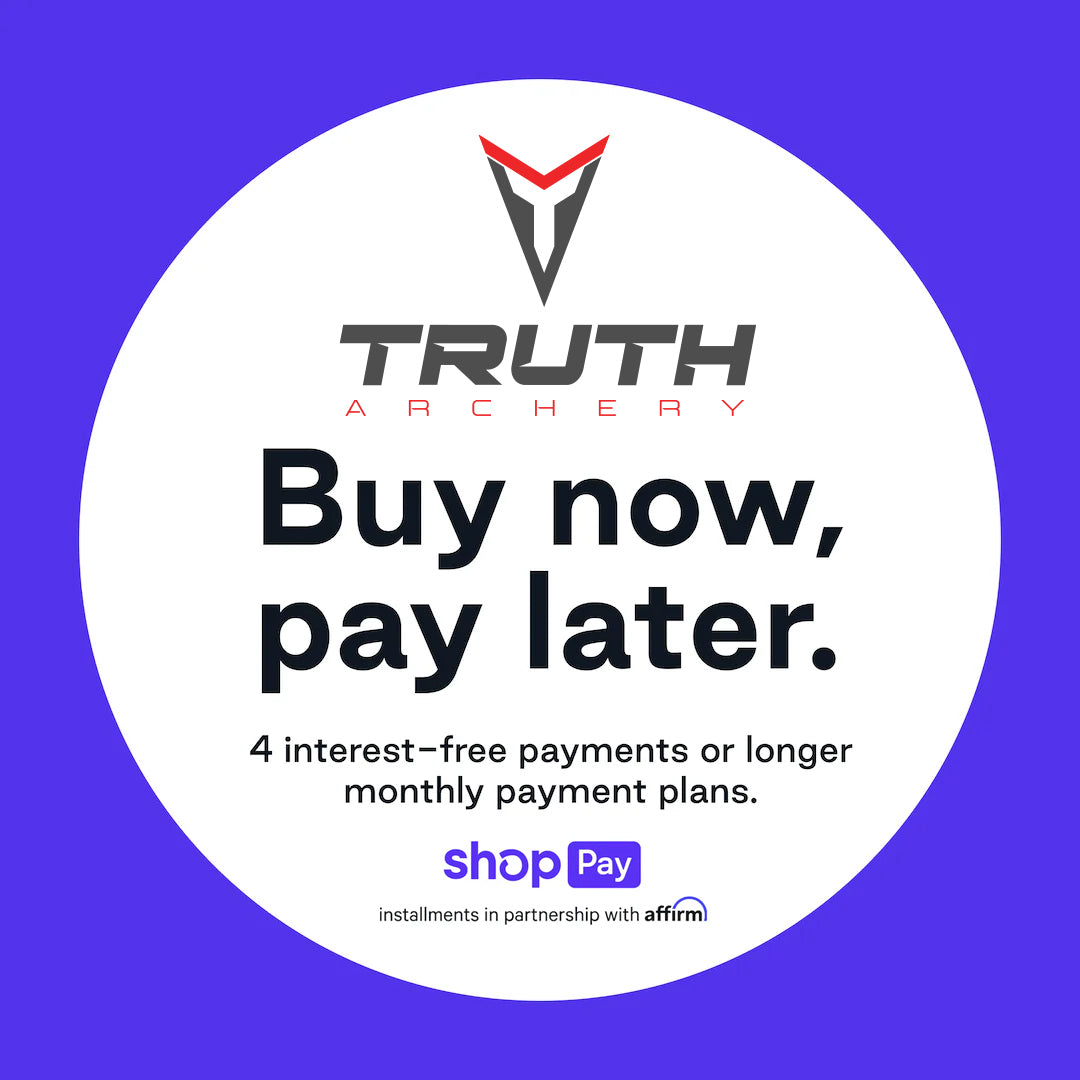 A promotional graphic for Truth Archery featuring "Buy now, pay later" options with Shop Pay and Affirm for flexible payment plans.